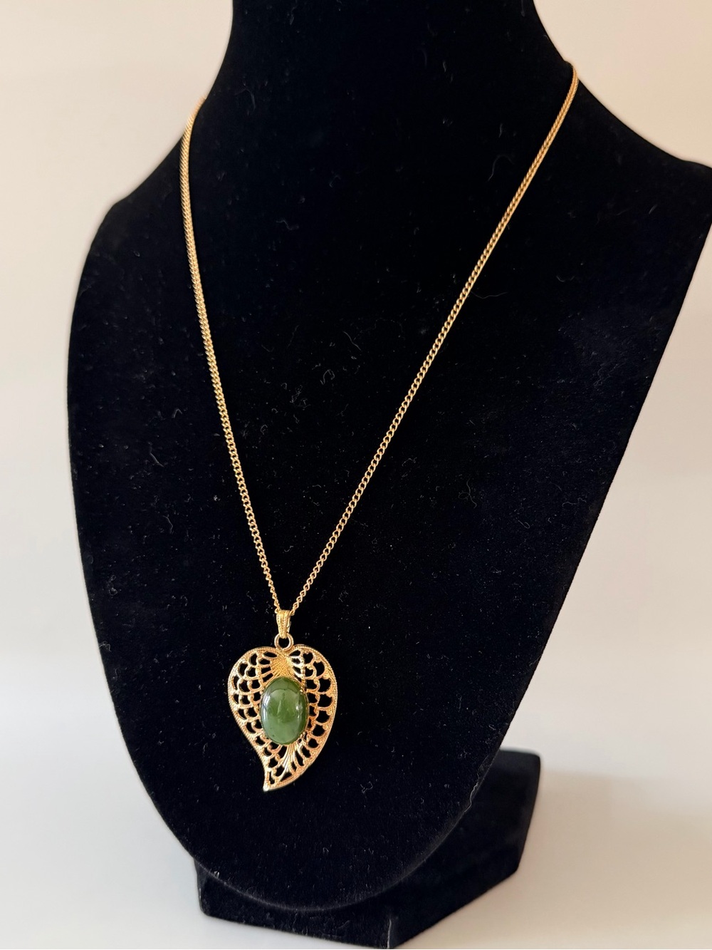 Gold Leaf Pendant Necklace with Jade Cabochon Pendant with 18" Chain